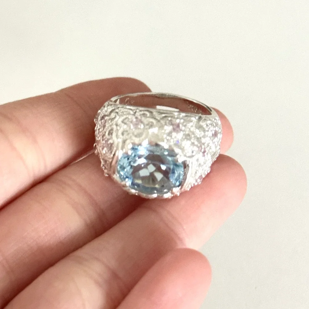 David Sigal 925 Sterling Silver Genuine Blue Topaz Pink CZ Statement Ring Size 9